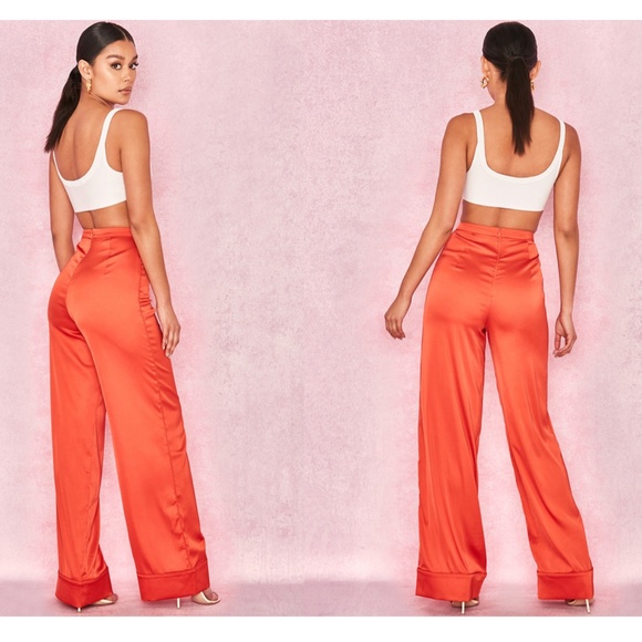 House of CB ‘Ayain' Dark Orange Wide Leg Satin Trousers - Picture 3 of 6